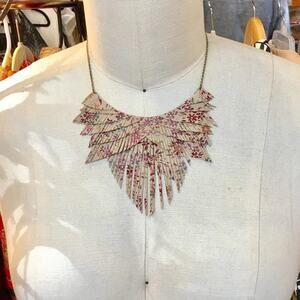 Artisan Handmade Metallic Boho Western floral suede fringe necklace